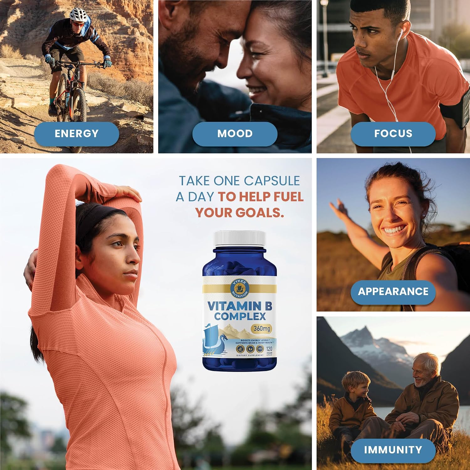 Vykee Nutrition Complejo B – Vitaminas B de Alta Potencia con Folato 750mcg, B12 440mcg y Biotina – Vegano y No GMO – 120 Cápsulas