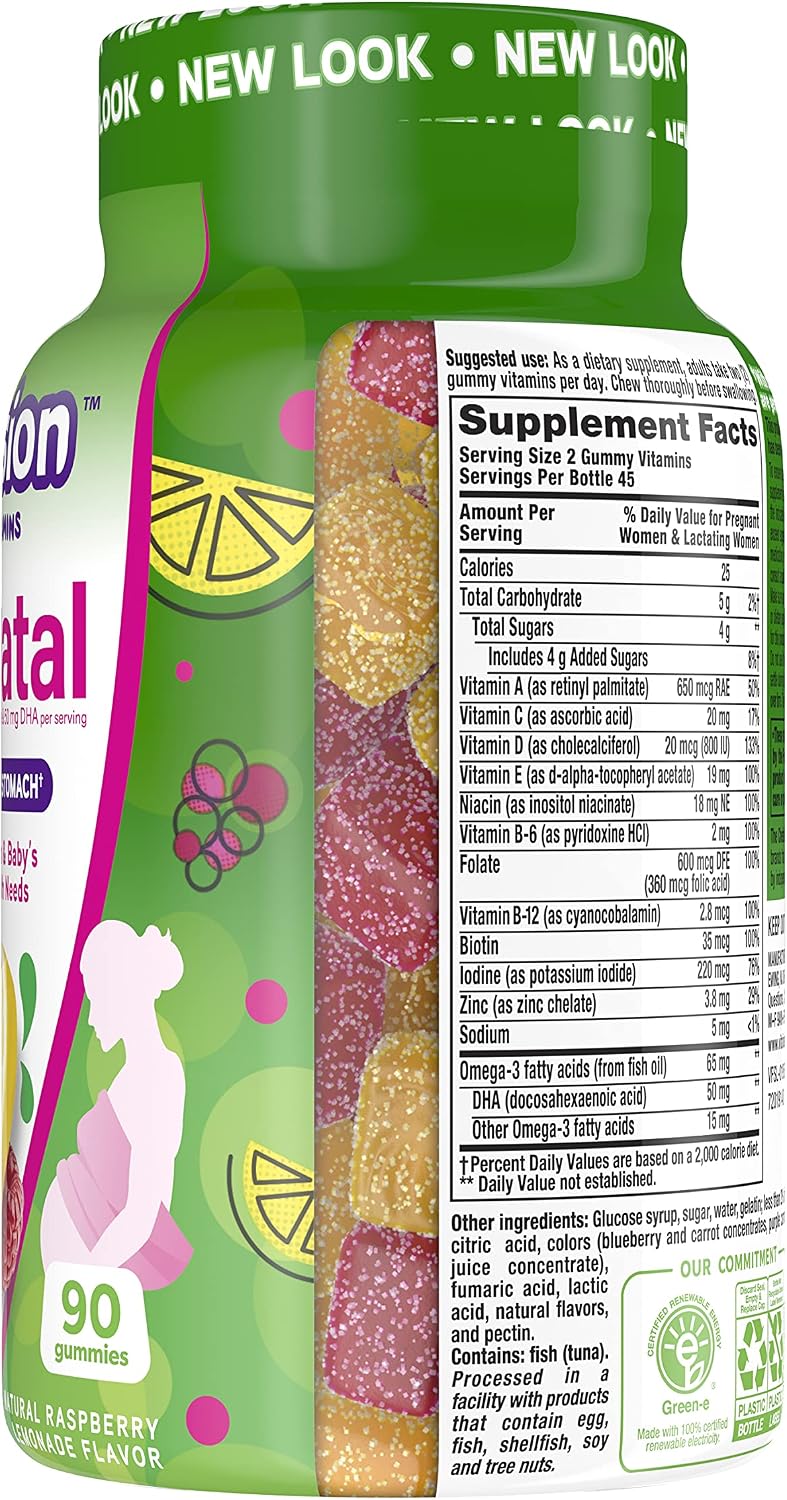 Vitafusion PreNatal Vitaminas en Gominolas, Sabor Natural Limón y Frambuesa Limonada, 90 Gominolas