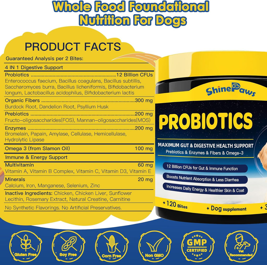 Probióticos para Perros SHINEPAWS - Salud Digestiva, Prebióticos, Enzimas, Fibra y Omega-3, 120 Masticables