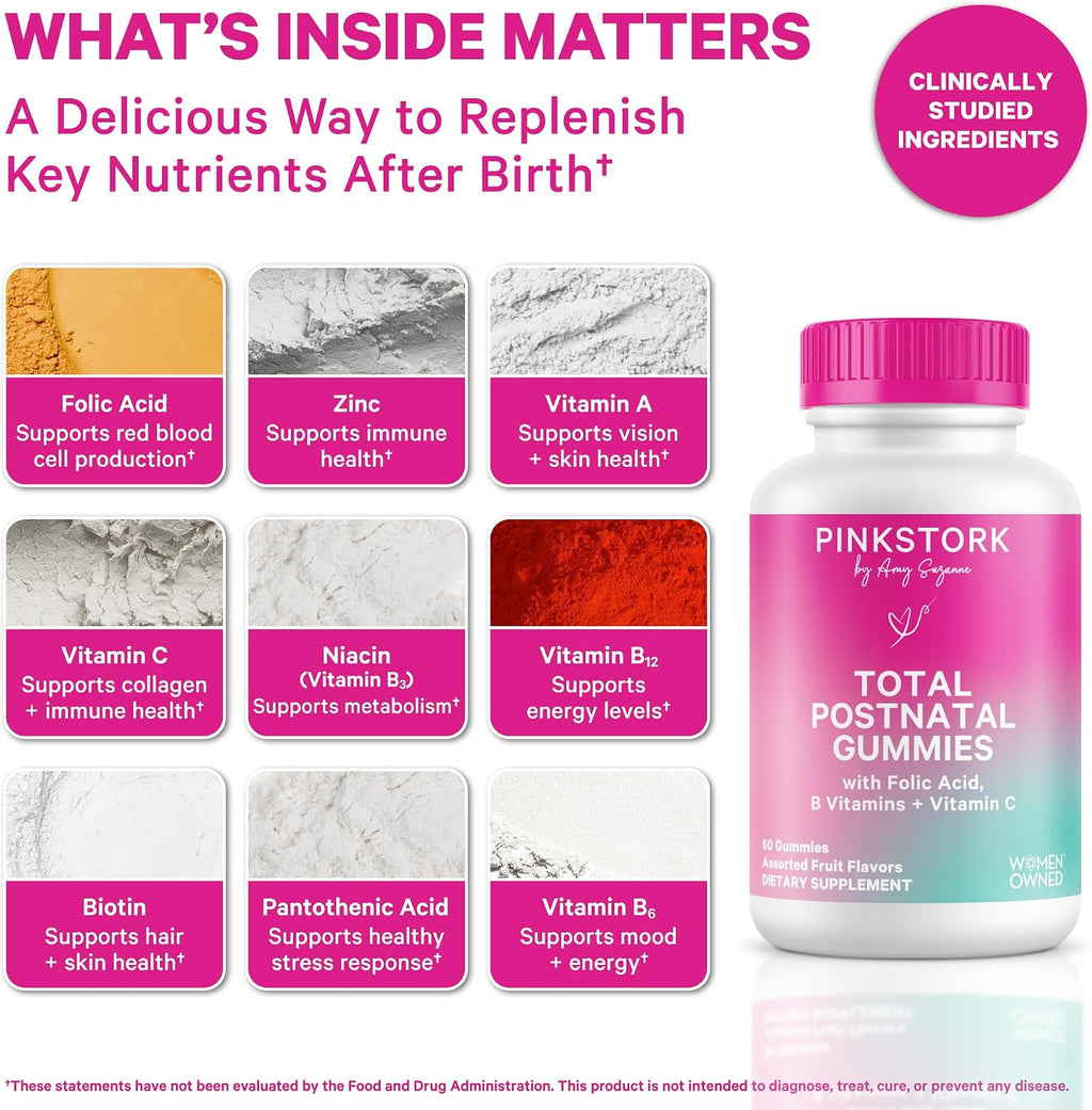 Pink Stork Total Postnatal Vitamin Gummies - Multivitamínico para la Recuperación Postparto y Apoyo a la Lactancia - 60 Gominolas
