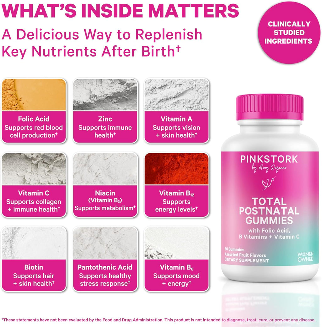 Pink Stork Total Postnatal Vitamin Gummies - Multivitamínico para la Recuperación Postparto y Apoyo a la Lactancia - Ácido Fólico, B6 y Vitamina C - Esenciales Postparto - 60 Gomitas