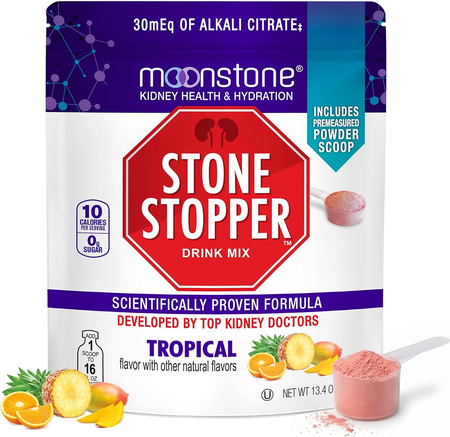 Stone Stopper Drink Mix, Tropical - Suplemento de Citrato Alcalino para la Salud Renal (30 Sobres)