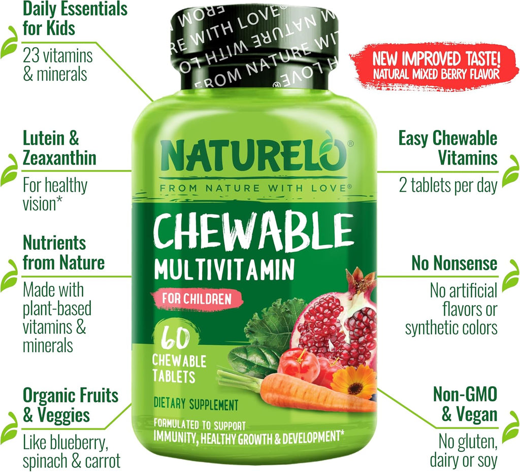 NATURELO Multivitamínico Masticable para Niños con Mezcla de Frutas Orgánicas - 60 Comprimidos