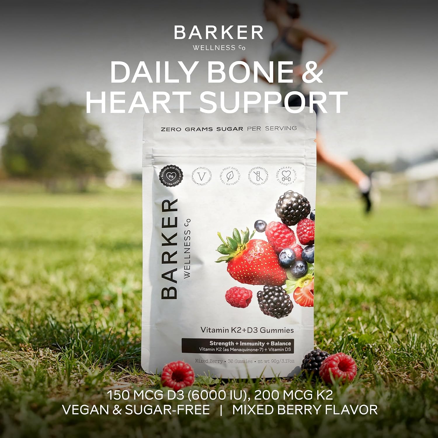 Barker Wellness Gominolas de Vitamina D3 y K2 – Alta potencia 6000 UI D3 + 200 mcg K2 para huesos fuertes, salud cardiovascular y apoyo inmunitario | Vegano, sin azúcar, delicioso sabor a bayas mixtas | 30 dosis
