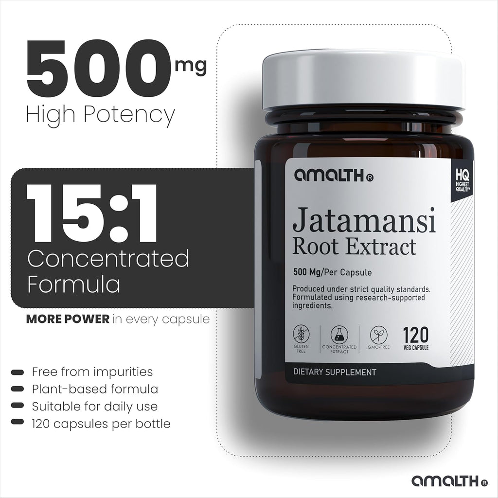 AMALTH Jatamansi Cápsulas 500 mg | Extracto de Raíz de Jatamansi | Nardostachys Jatamansi | Suplemento Vegetal | 120 Cápsulas Veganas