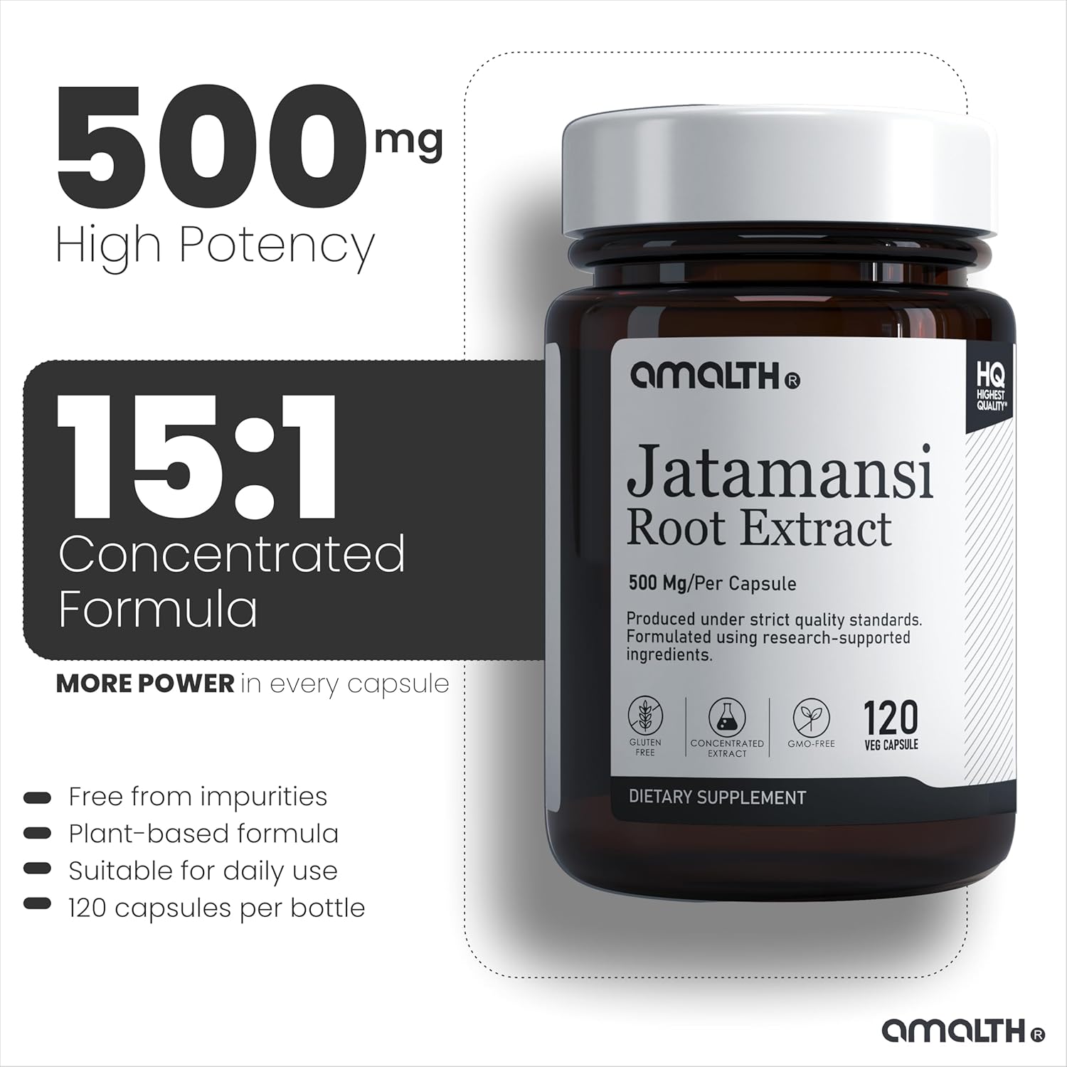 AMALTH Jatamansi Cápsulas 500 mg | Extracto de Raíz de Jatamansi | Nardostachys Jatamansi | Suplemento Vegetal | 120 Cápsulas Veganas