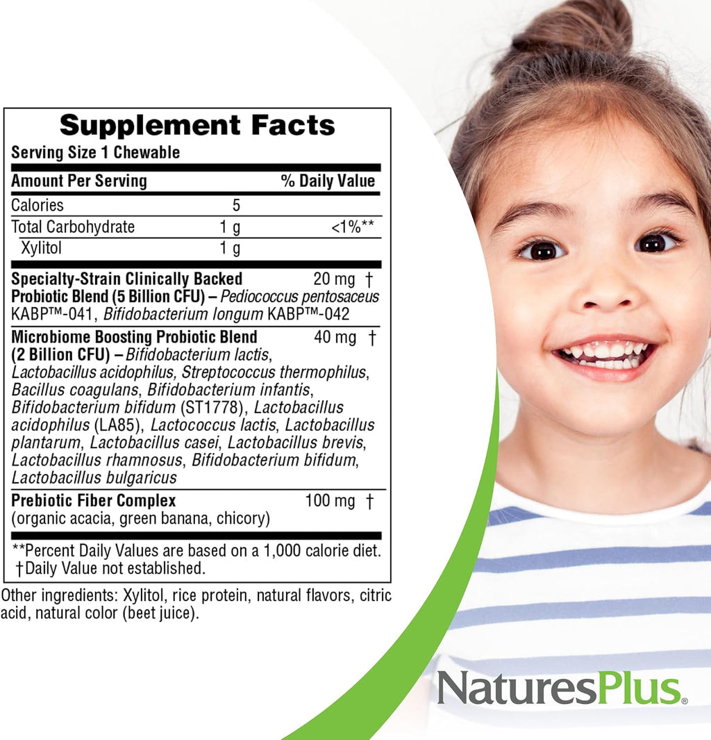 NaturesPlus Animal Parade Probiotic - 30 Comprimidos Masticables - Suplemento de Probióticos para Niños - Sabor a Frutos del Bosque - Vegano, Sin Gluten