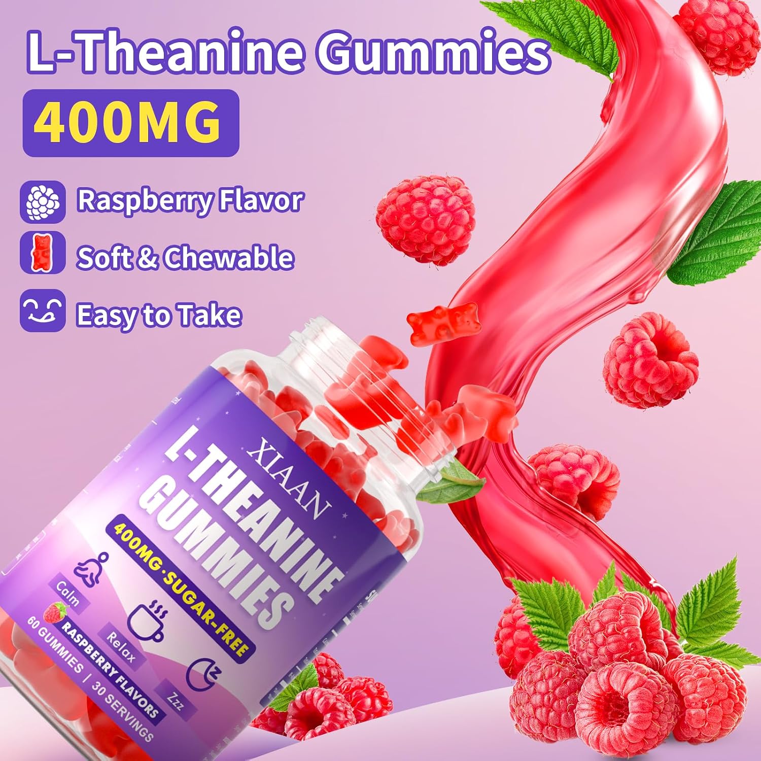 XIAAN Gominolas de L-Teanina 400mg para Calma y Relajación, Vegano, Orgánico, Sabor Frambuesa, 60 unidades