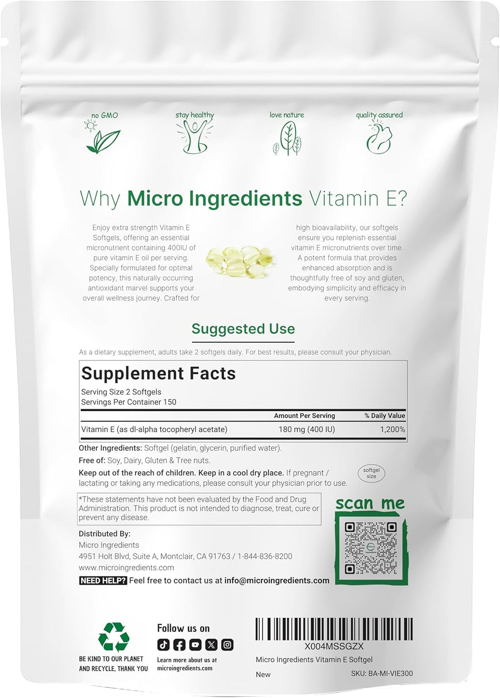 Micro Ingredients Vitamina E 400IU, 300 Cápsulas Blandas