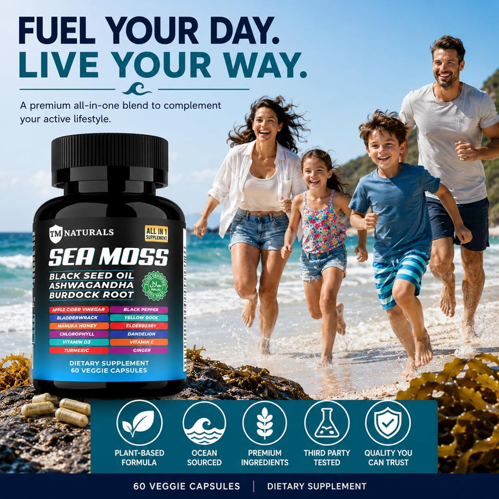 TM NATURALS - Sea Moss con Aceite de Nigella, Vitamina C, Ashwagandha y Cúrcuma, 60 Cápsulas Veganas + Pastillero Gratis