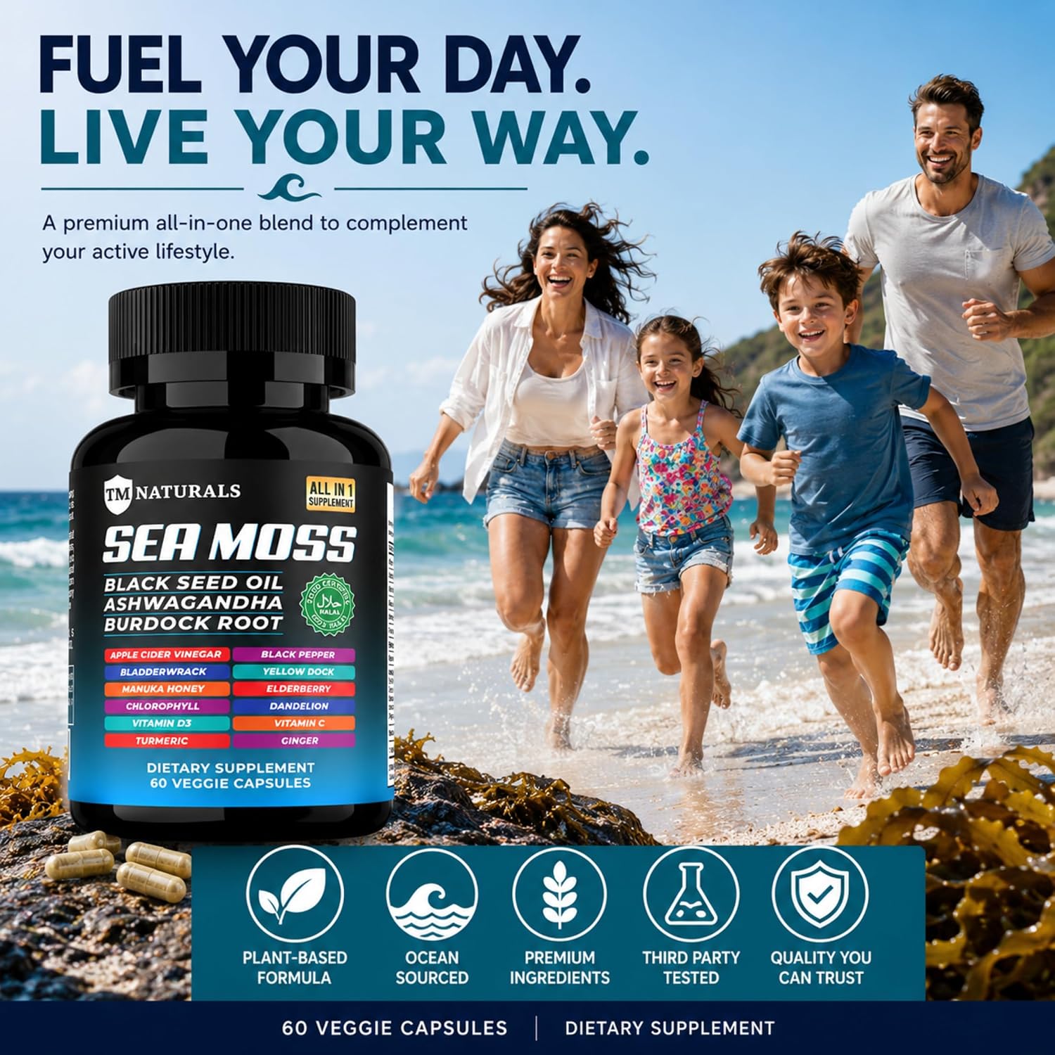 TM NATURALS - Sea Moss con Aceite de Nigella, Vitamina C, Ashwagandha y Cúrcuma, 60 Cápsulas Veganas + Pastillero Gratis