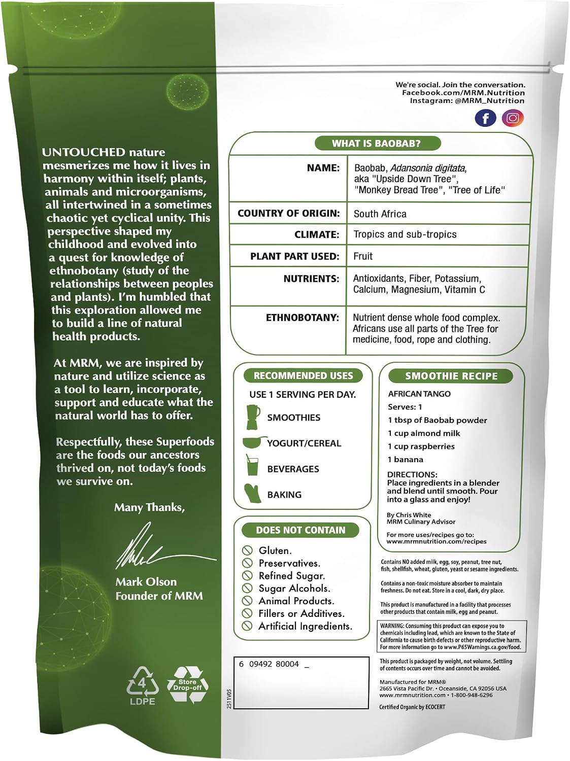 MRM Organic Baobab Powder - Polvo de Baobab Orgánico, Superalimento Vegano - 40 Raciones