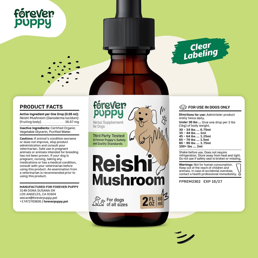 Gotas de Reishi para Perros - Forever Puppy - Apoyo Inmunológico - Sin Azúcar ni Alcohol - 60 ml