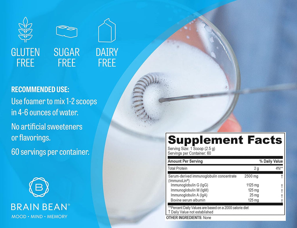 Brain Basics Ultra Pure IgG Supplement - Complemento de IgG Immunolin en Polvo, Sin Lácteos, con Vitaminas y Minerales, 150g, 60 Dosis