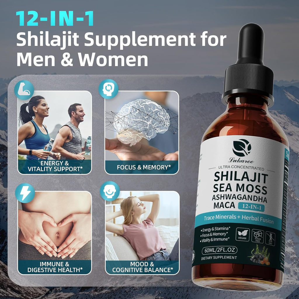 Shilajit Líquido Gotas, Complejo 12 en 1 - Musgo Marino, Ashwagandha, Maca, Ácido Fúlvico, Minerales Traza, Vitaminas Líquidas para Hombres y Mujeres, Energía, Antioxidante, Apoyo Inmunológico, 60ml