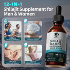 Shilajit Líquido Gotas, Complejo 12 en 1 - Musgo Marino, Ashwagandha, Maca, Ácido Fúlvico, Minerales Traza, Vitaminas Líquidas para Hombres y Mujeres, Energía, Antioxidante, Apoyo Inmunológico, 60ml