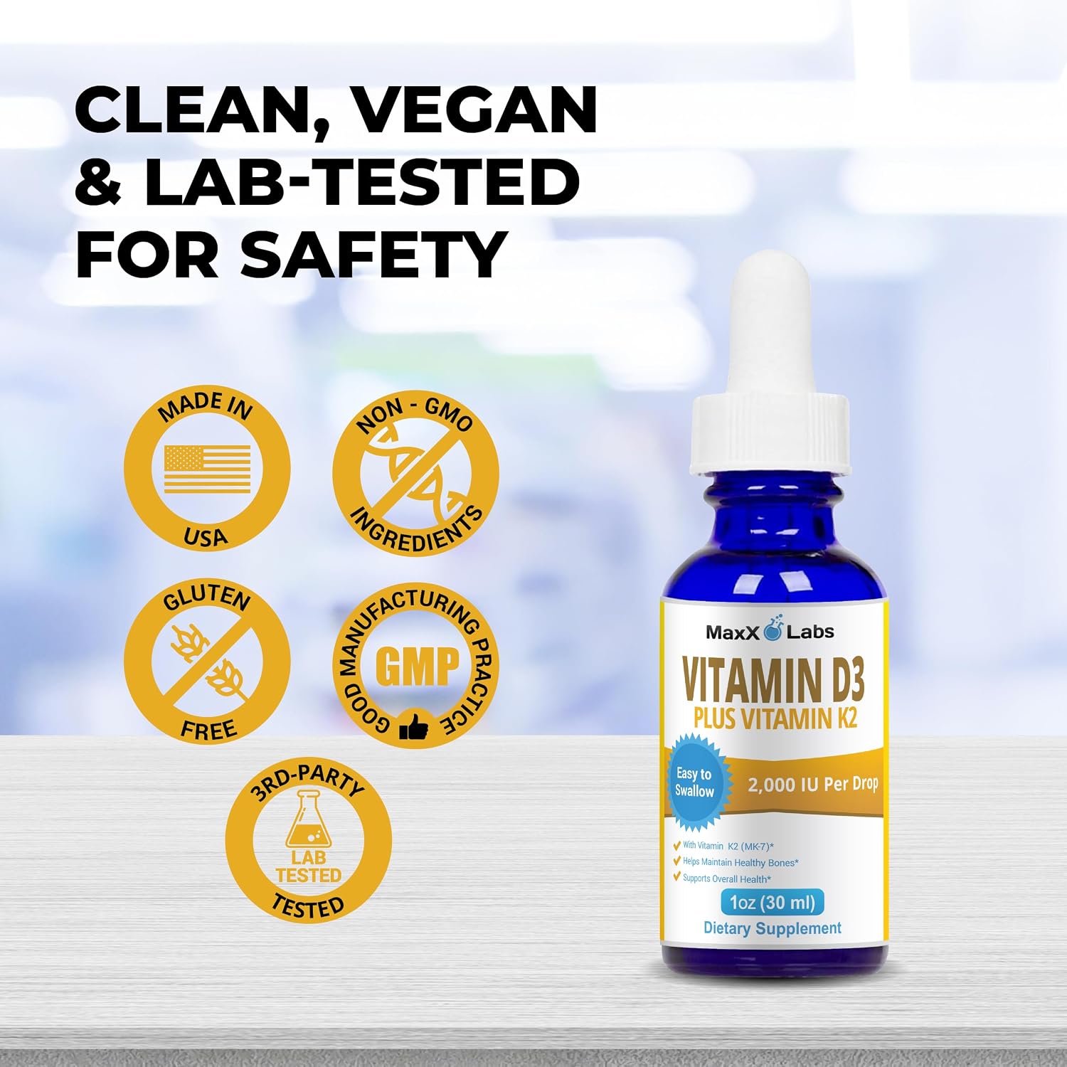MaxX Labs Vitamina D3 K2 Líquida con K2 MK7 - 2000 UI por gota - 30 ml (1 oz)