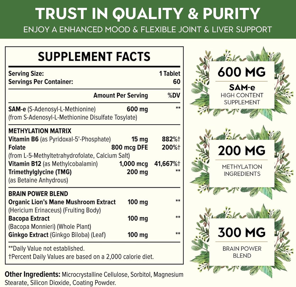 Kanacoufce SAM-e 1100mg (S-Adenosilmetionina) – 60 Comprimidos Recubiertos – Alta Concentración Forma S,S Activa – Vegano