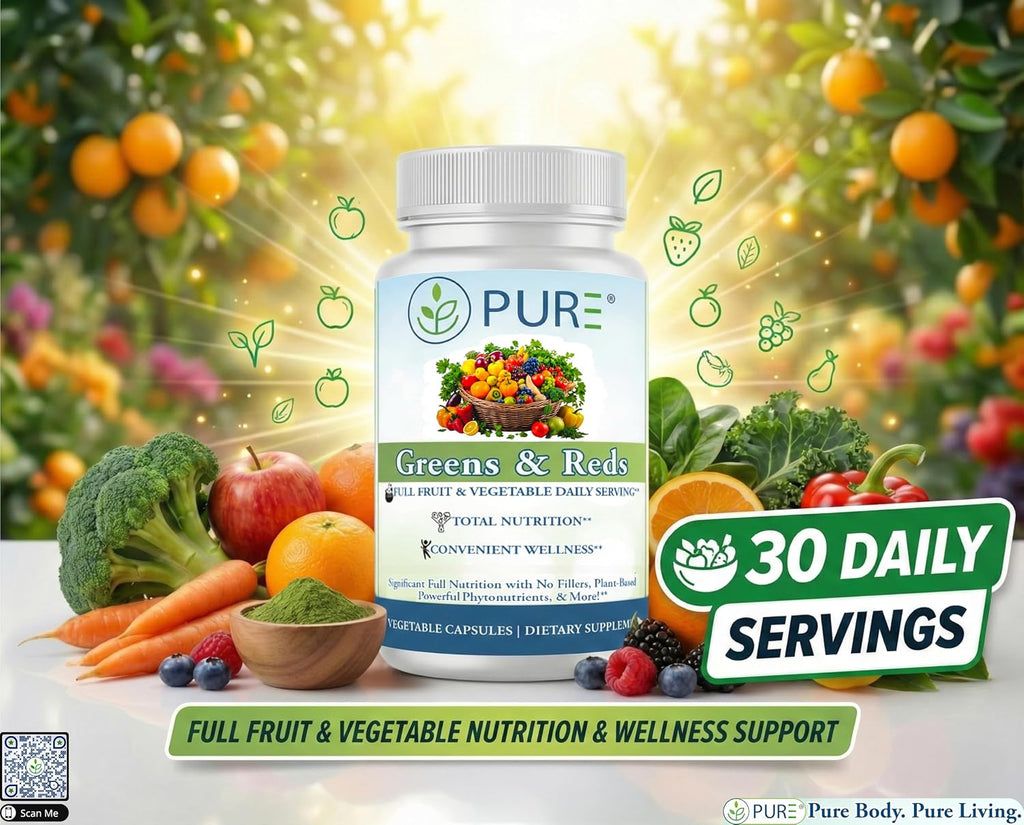 PURE® Greens & Reds Cápsulas - 30 Servicios - 9 Raciones Diarias de Frutas y Verduras en 1 Cápsula - Mezcla de Superalimentos PhytoServ® con Brócoli, Kale y Bayas - Escudo Fitonutriente de Base Vegetal