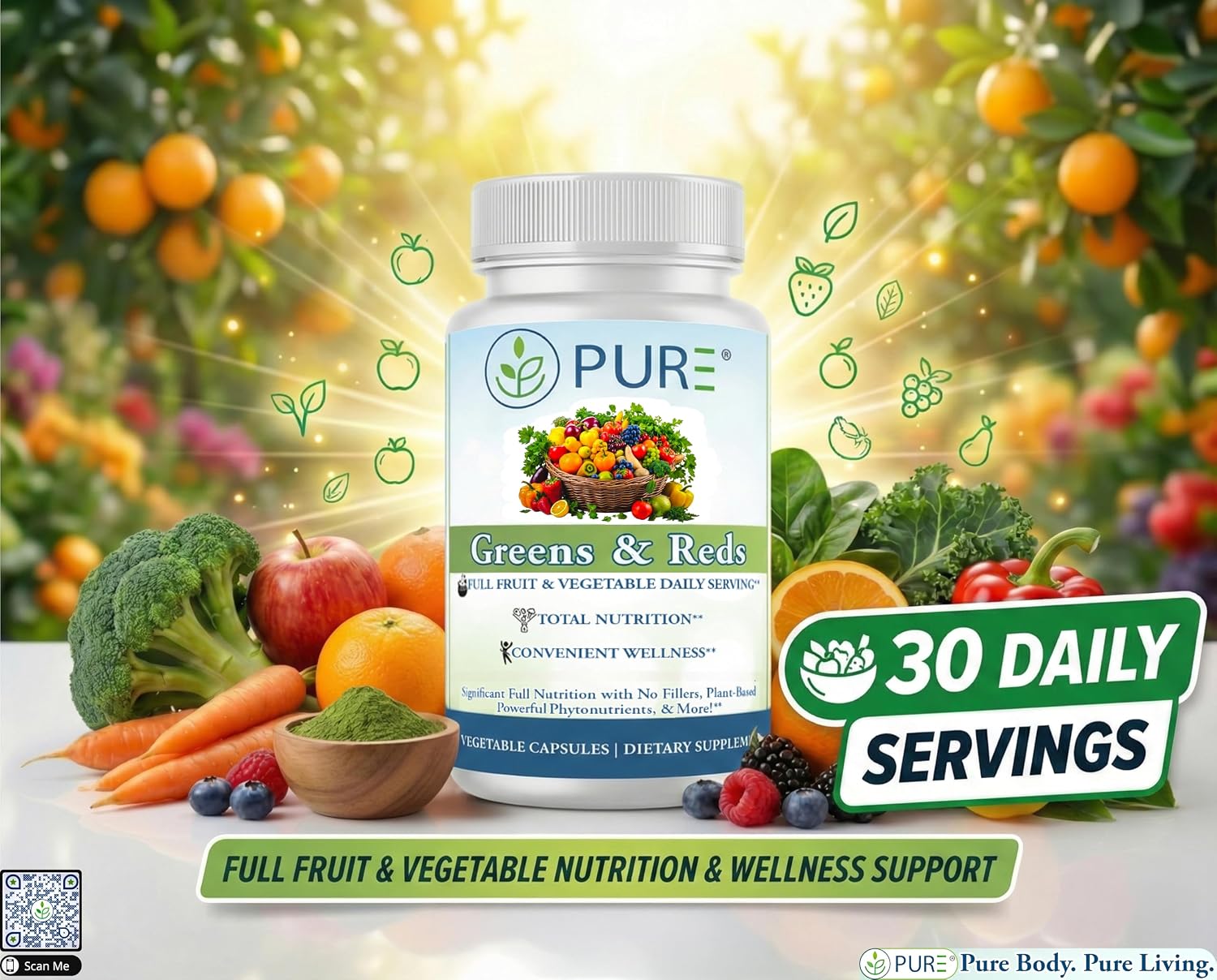 PURE® Greens & Reds Cápsulas - 30 Servicios - 9 Raciones Diarias de Frutas y Verduras en 1 Cápsula - Mezcla de Superalimentos PhytoServ® con Brócoli, Kale y Bayas - Escudo Fitonutriente de Base Vegetal