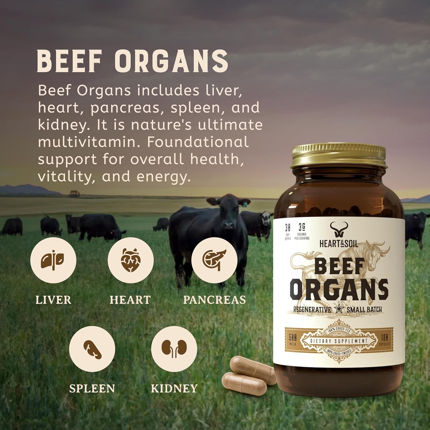 HEART & SOIL – Órganos de Res 100% Alimentados con Pasto – 3000mg – 180 Cápsulas