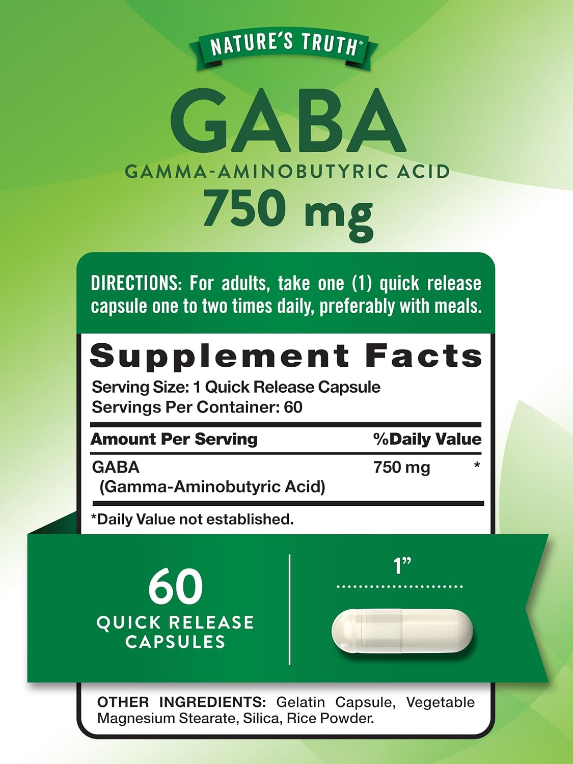 Nature's Truth GABA 750mg – 60 Cápsulas de Ácido Gamma-Aminobutírico