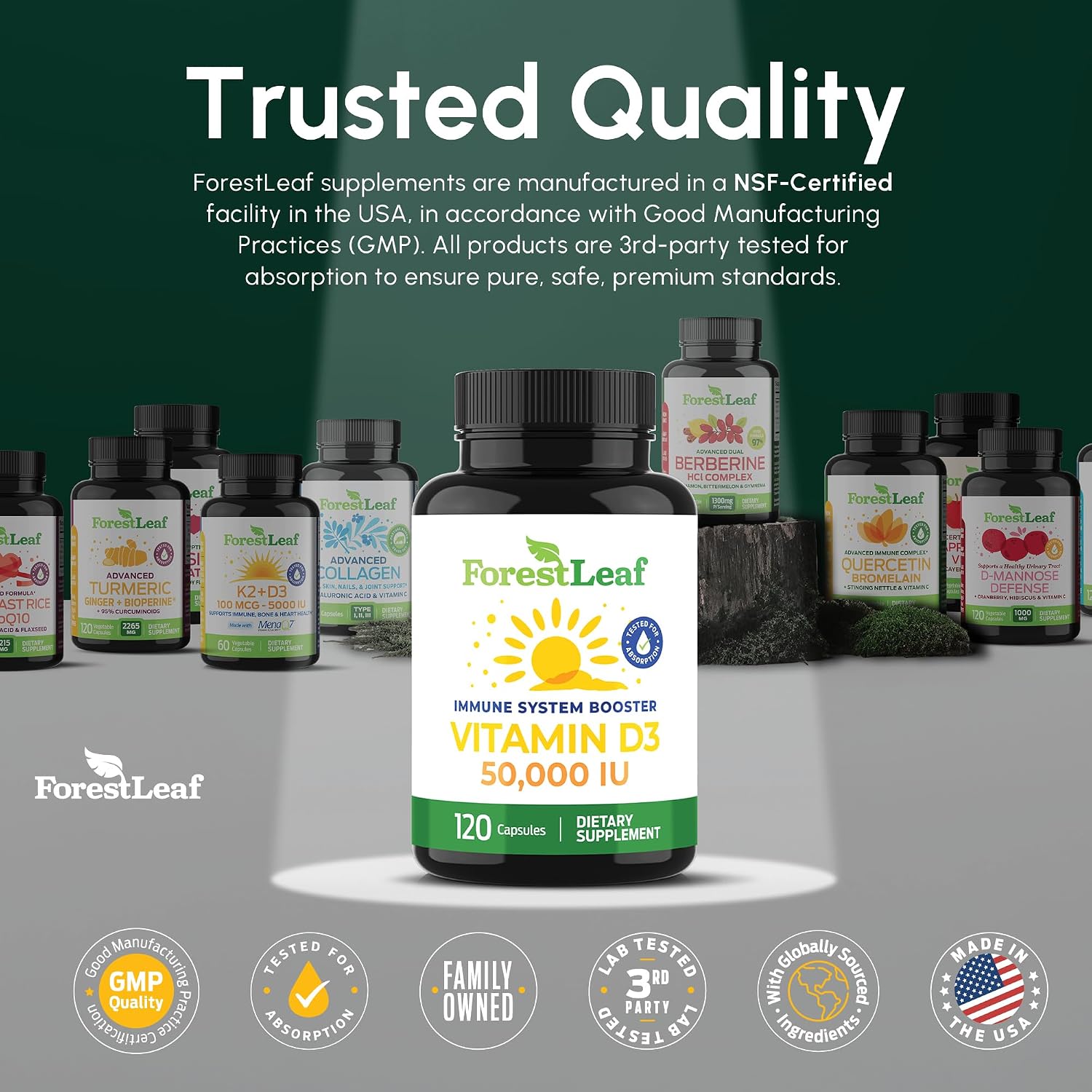 ForestLeaf Vitamina D3 50,000 UI | Suplemento de Vitamina D para Huesos, Dientes, Sistema Inmunitario | Dosis Semanal, 120 Cápsulas
