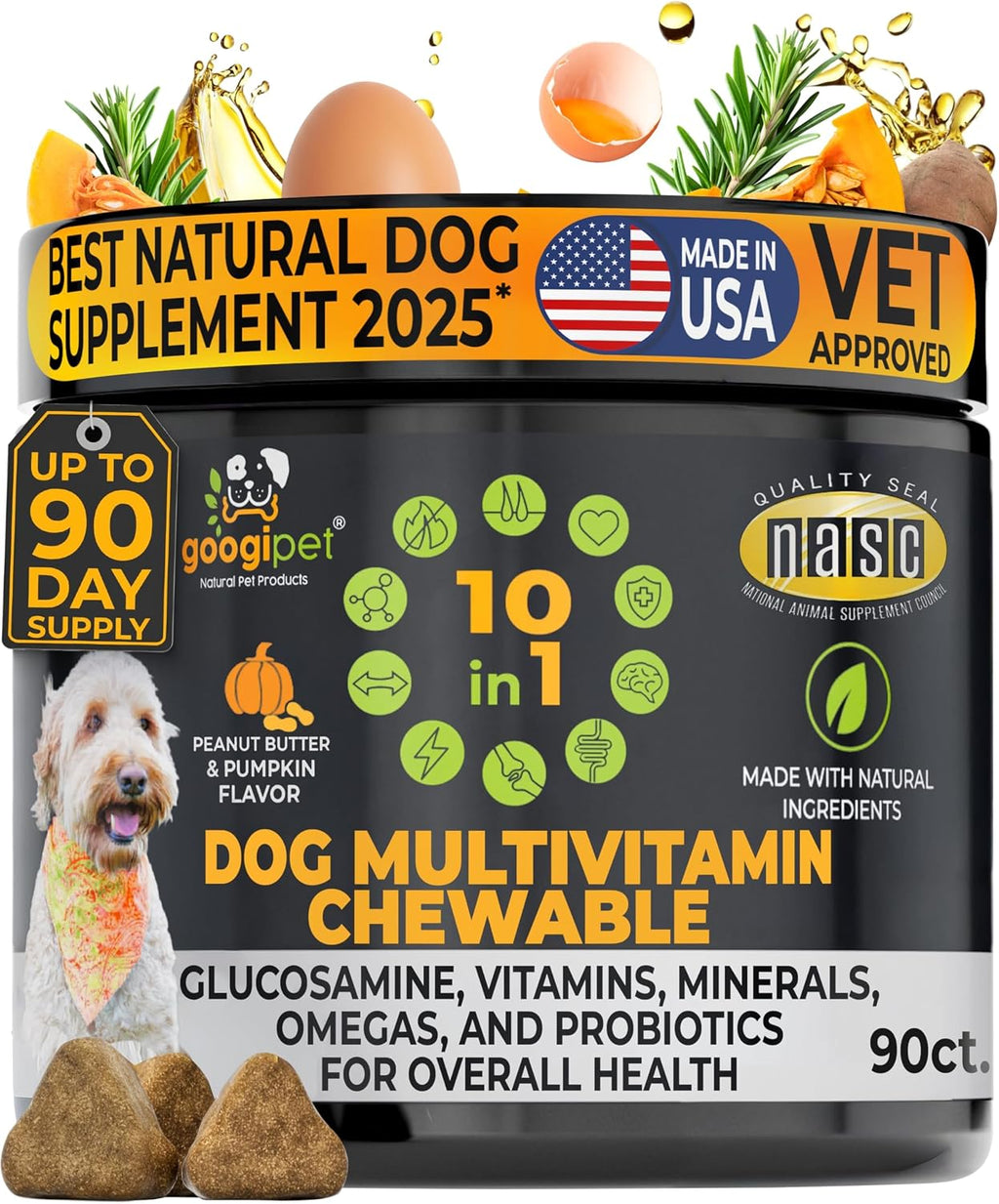 Googipet Multivitamínico Premium para Perros - Masticables con Glucosamina, Probióticos y Omega 3 (Sabor Cacahuete y Calabaza)