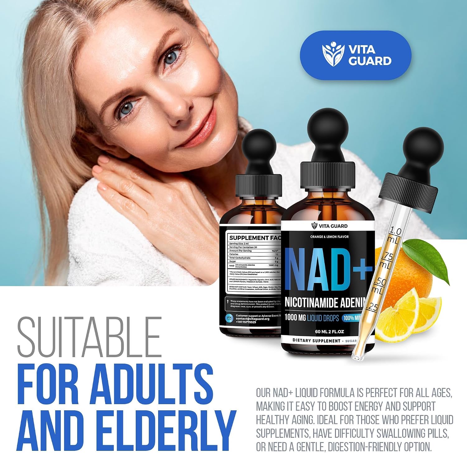 Vita Guard Pure NAD+ Líquido Gotas 1000mg - Fórmula de Nicotinamida - Vegano y No OGM - Sabor Natural a Limón y Naranja