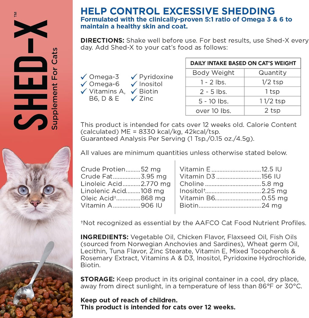 Shed-X Suplemento Líquido para Gatos, 8 oz – 100% Natural – Control de Muda Excesiva con Ácidos Grasos Esenciales, Vitaminas y Minerales