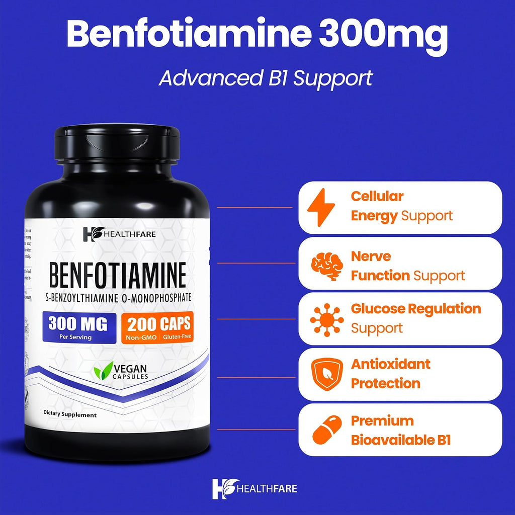 Healthfare Benfotiamina 300 mg | 200 Cápsulas Veganas | Absorción Mejorada