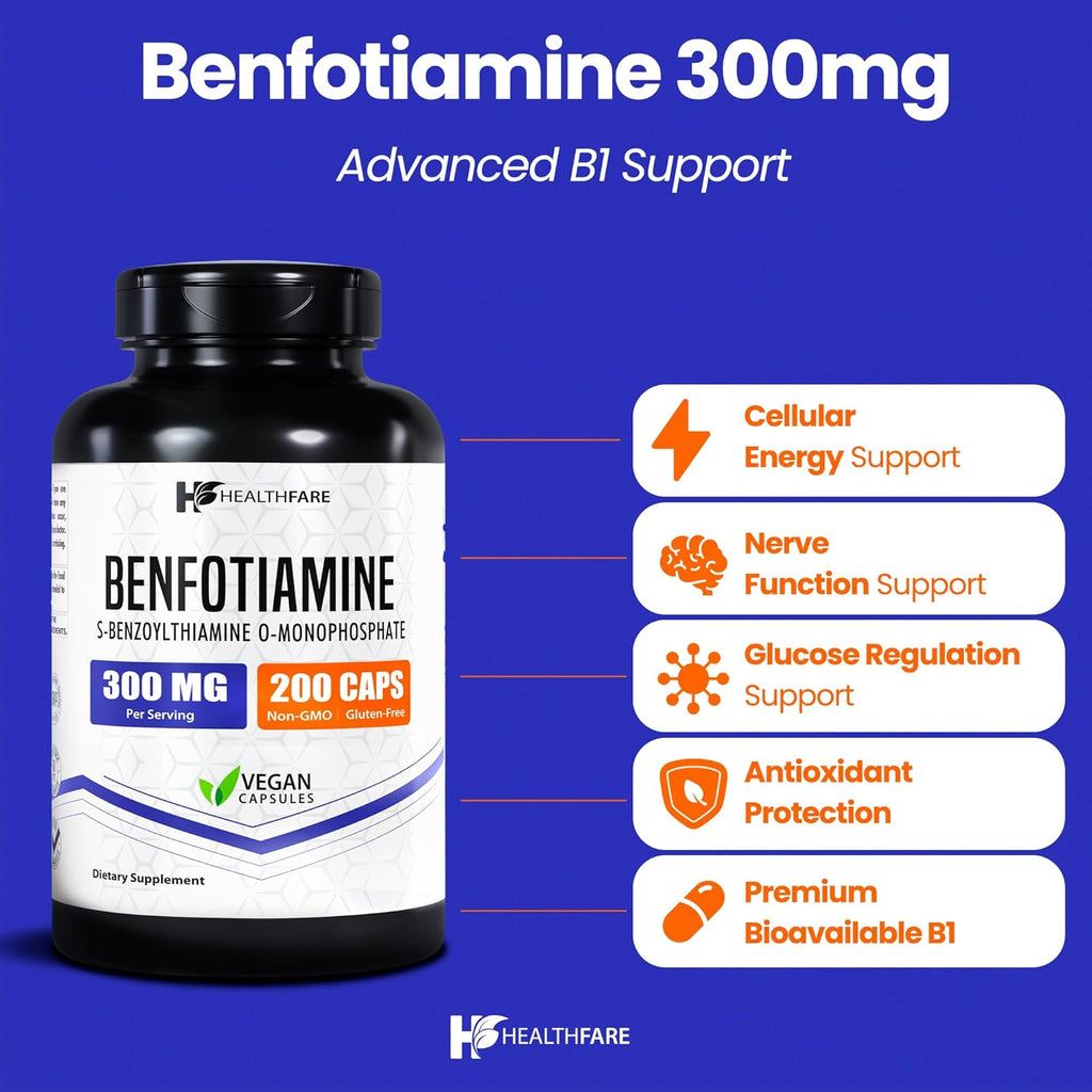 Healthfare Benfotiamina 300mg | 200 Cápsulas | Forma Liposoluble de Vitamina B1 | No-GMO | Sin Gluten (2-Pack)