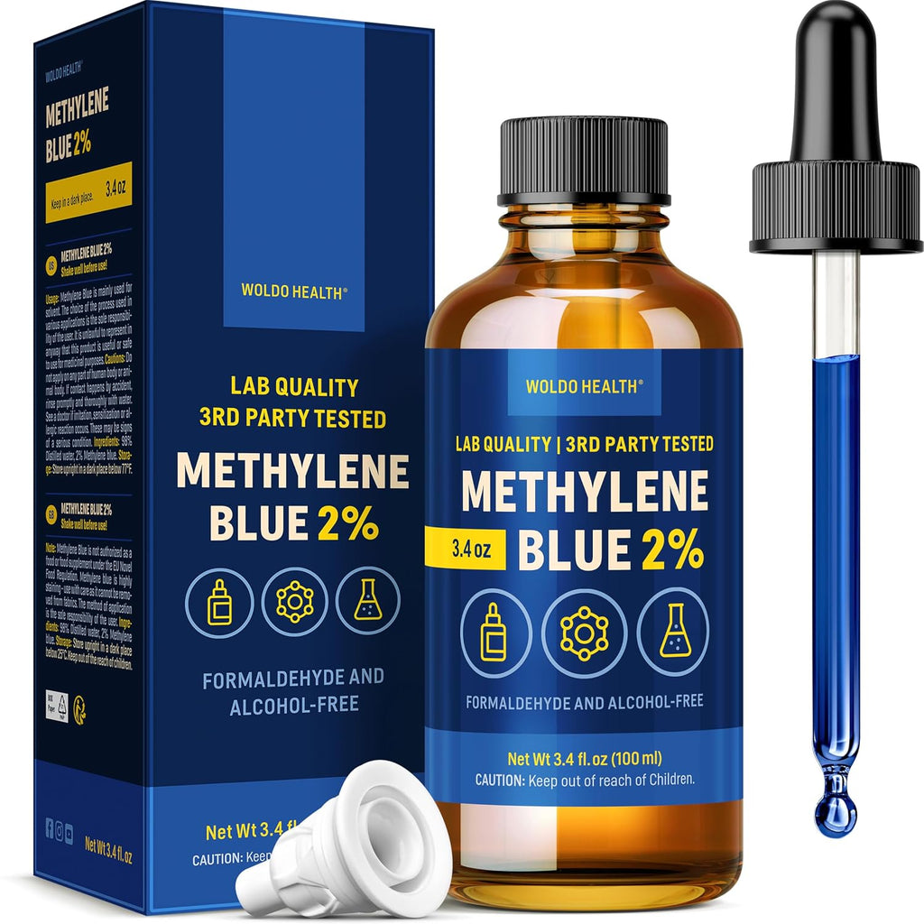 WoldoHealth DMSO 10% con Azul de Metileno 1% - Frasco de Vidrio de 100 ml con Cuentagotas, Libre de Formaldehído y Alcohol, Solución Analítica