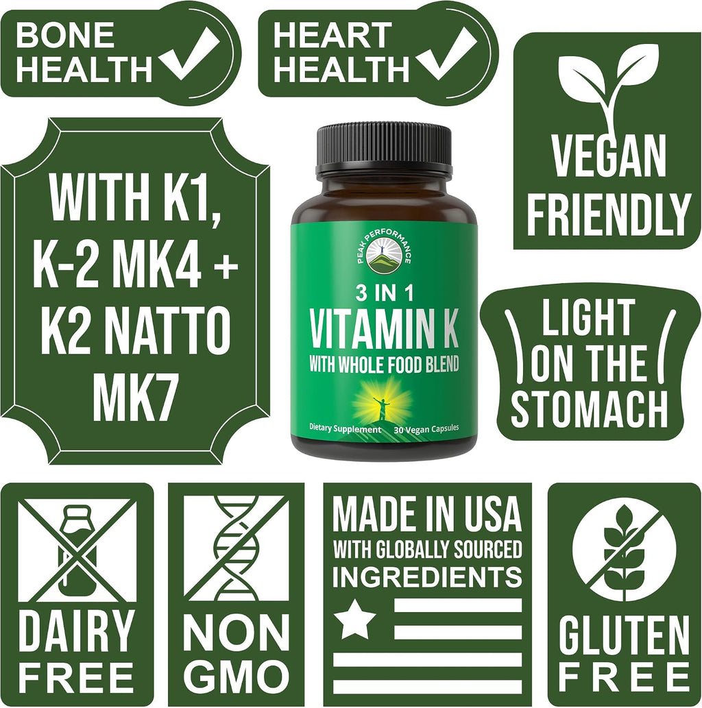 Cápsulas de Vitamina K con Mezcla de Alimentos Integrales - K1, K2 MK-4 y MK-7