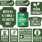Cápsulas de Vitamina K con Mezcla de Alimentos Integrales - K1, K2 MK-4 y MK-7
