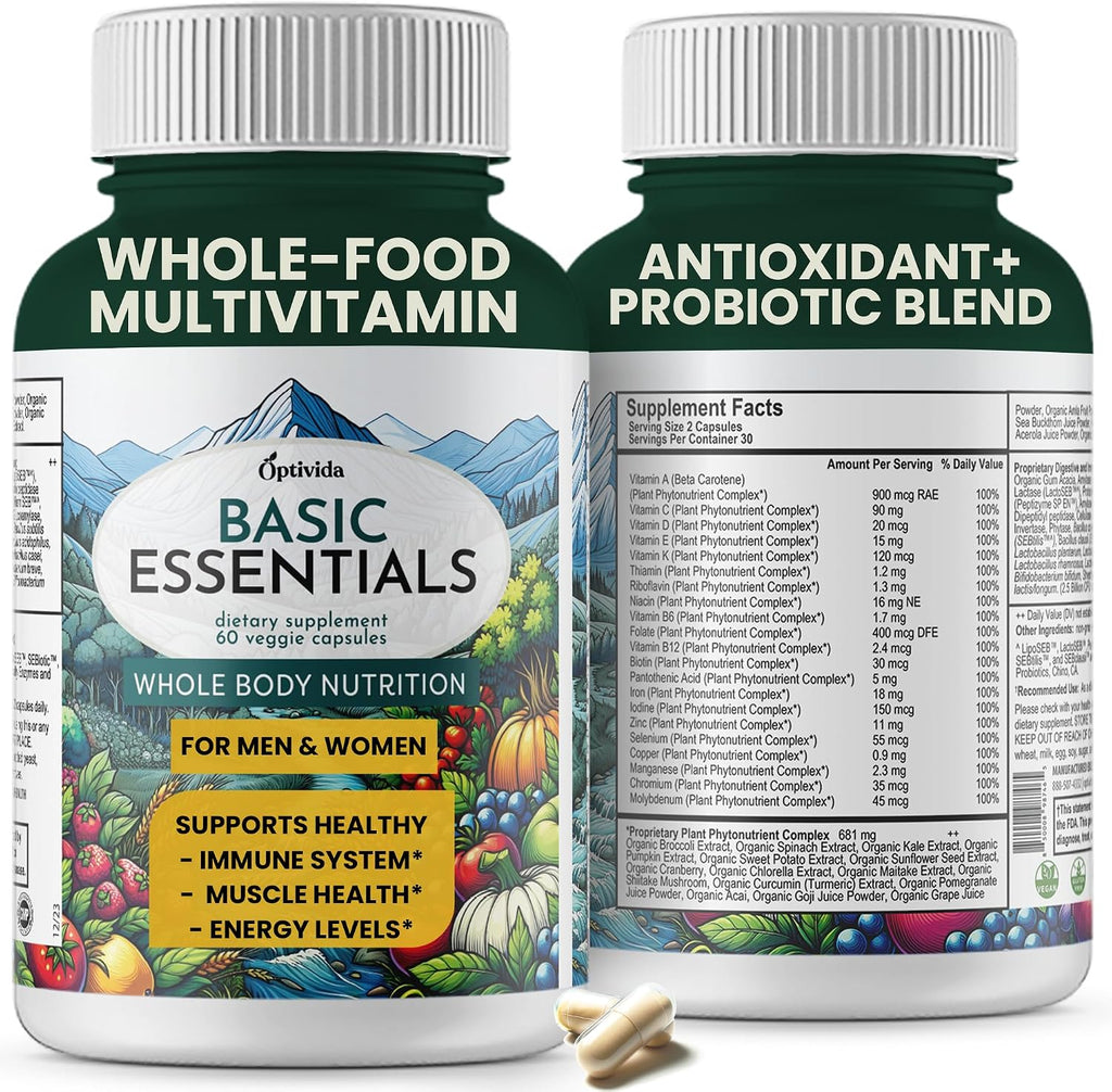 OPTIVIDA Multivitamínico Orgánico de Alimentos Integrales para Hombres y Mujeres (1 Mes) con Probióticos y Mezcla Antioxidante | Sin OGM