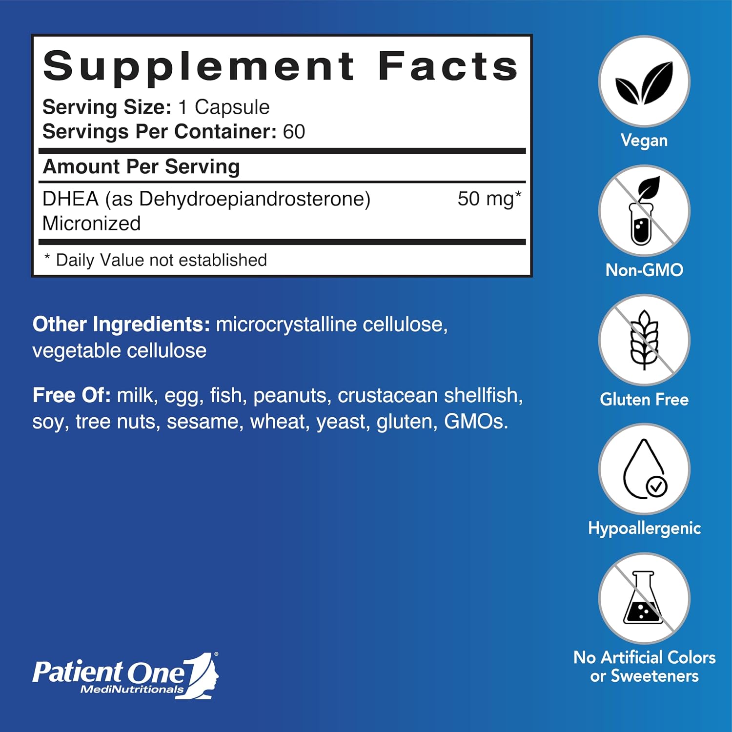 Patient One DHEA 50 mg | Suplemento para el Estado de Ánimo y Energía | Micronizado para Mayor Absorción | 60 Cápsulas