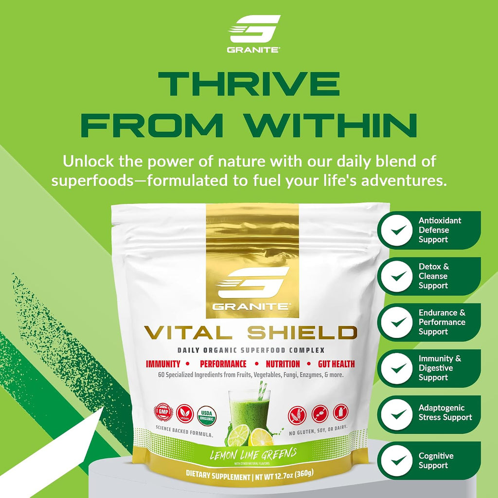 Granite Nutrition Vital Shield - Superalimentos Verdes Orgánicos con Champiñones y Cereza Ácida – Apoya Energía, Inmunidad y Salud Digestiva – Sabor Limón Lima (30 Raciones)