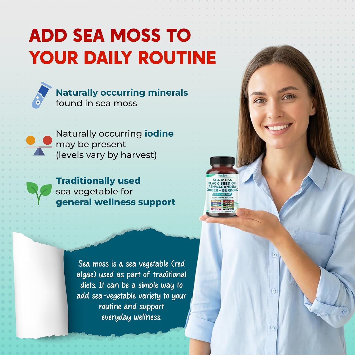 PEAKPURY Sea Moss Black Seed Oil Ashwagandha Ginger Burdock Bladderwrack - Apoyo Inmunitario