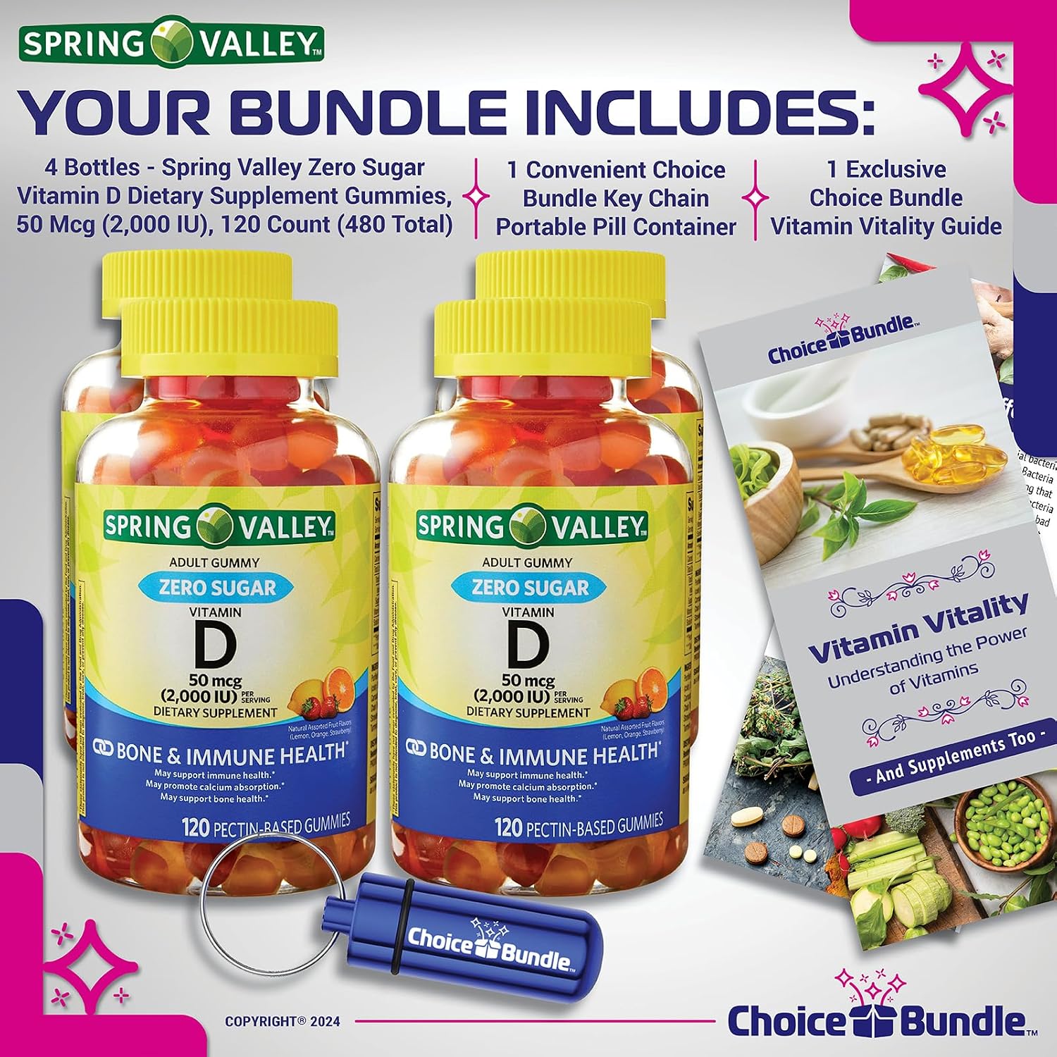Choice Bundle Lote de 4 Botes de Gominolas de Vitamina D Sin Azúcar 50 mcg (2000 UI) + Guía y Pastillero
