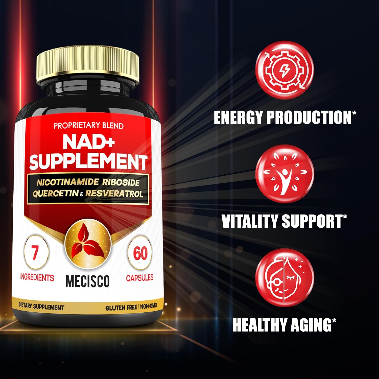 Mecisco NAD+ Suplemento con Nicotinamida Ribósido, Quercetina, Resveratrol, Cúrcuma, Rhodiola Rosea y Astrágalo - 60 Cápsulas
