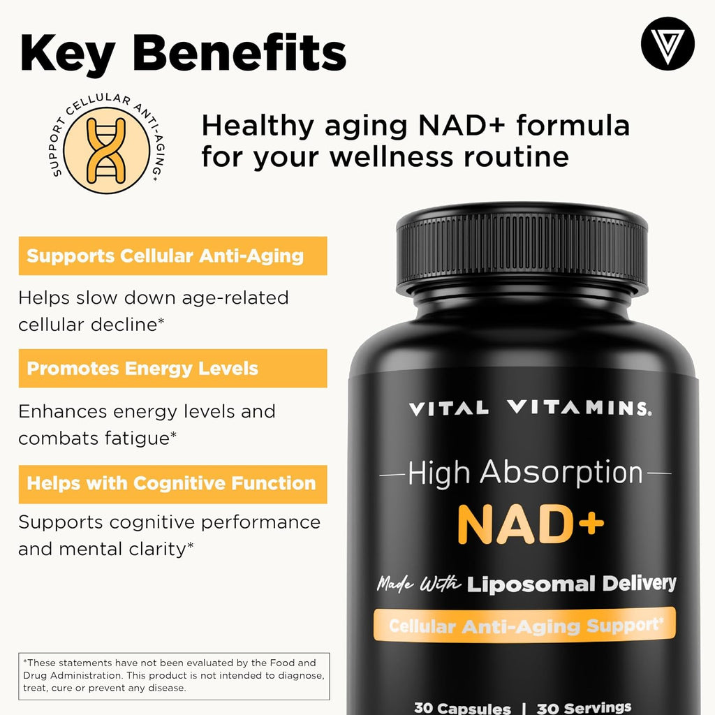 Vital Vitamins Suplemento NAD+ - NAD+ (Nicotinamida Adenina Dinucleótido) para Hombres y Mujeres - Con Administración Liposomal - Apoyo a la Vitalidad Celular, Energía, Concentración - 30 Días