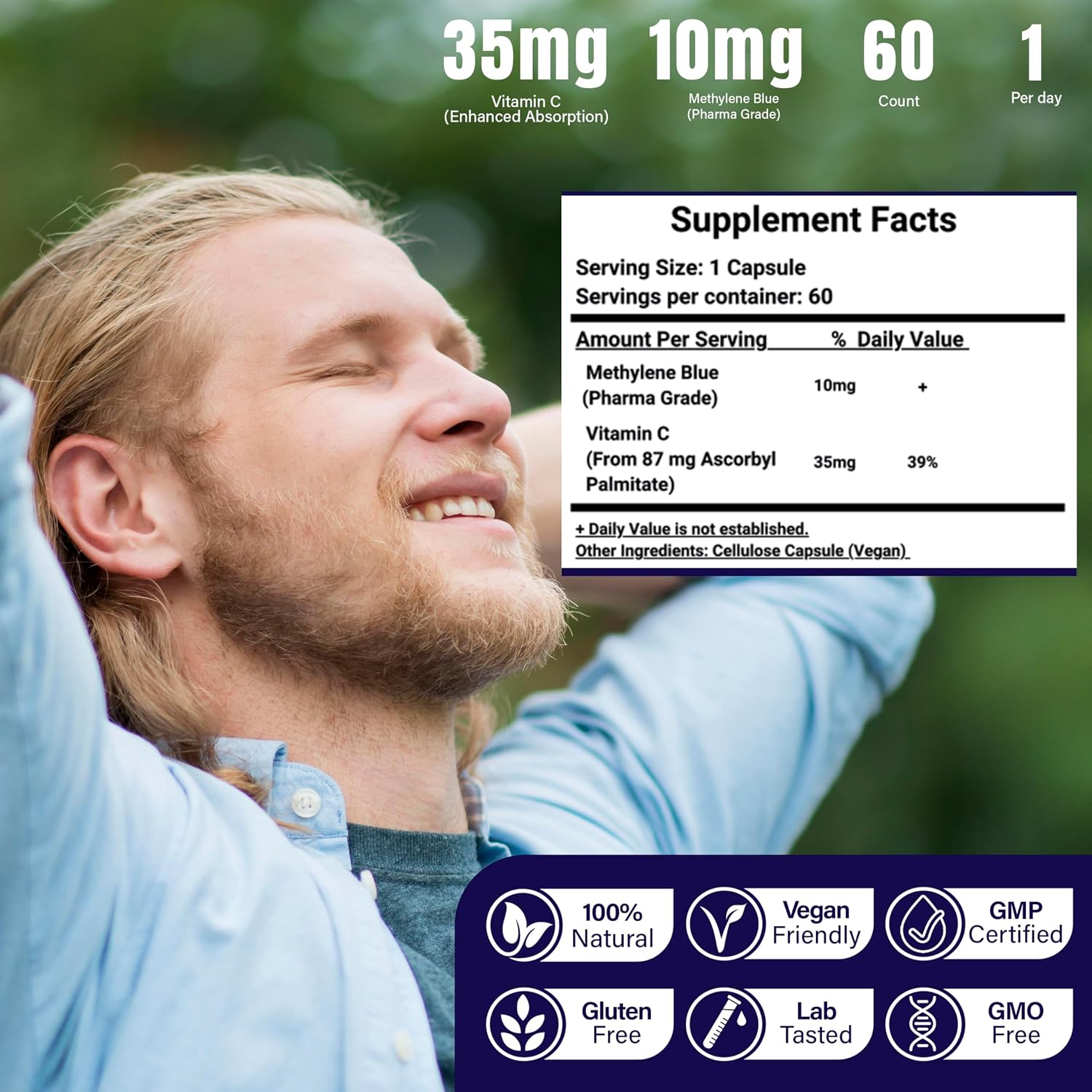 Lucid Blu Cápsulas de Azul de Metileno 10mg con Vitamina C - 99,99% Pureza USP