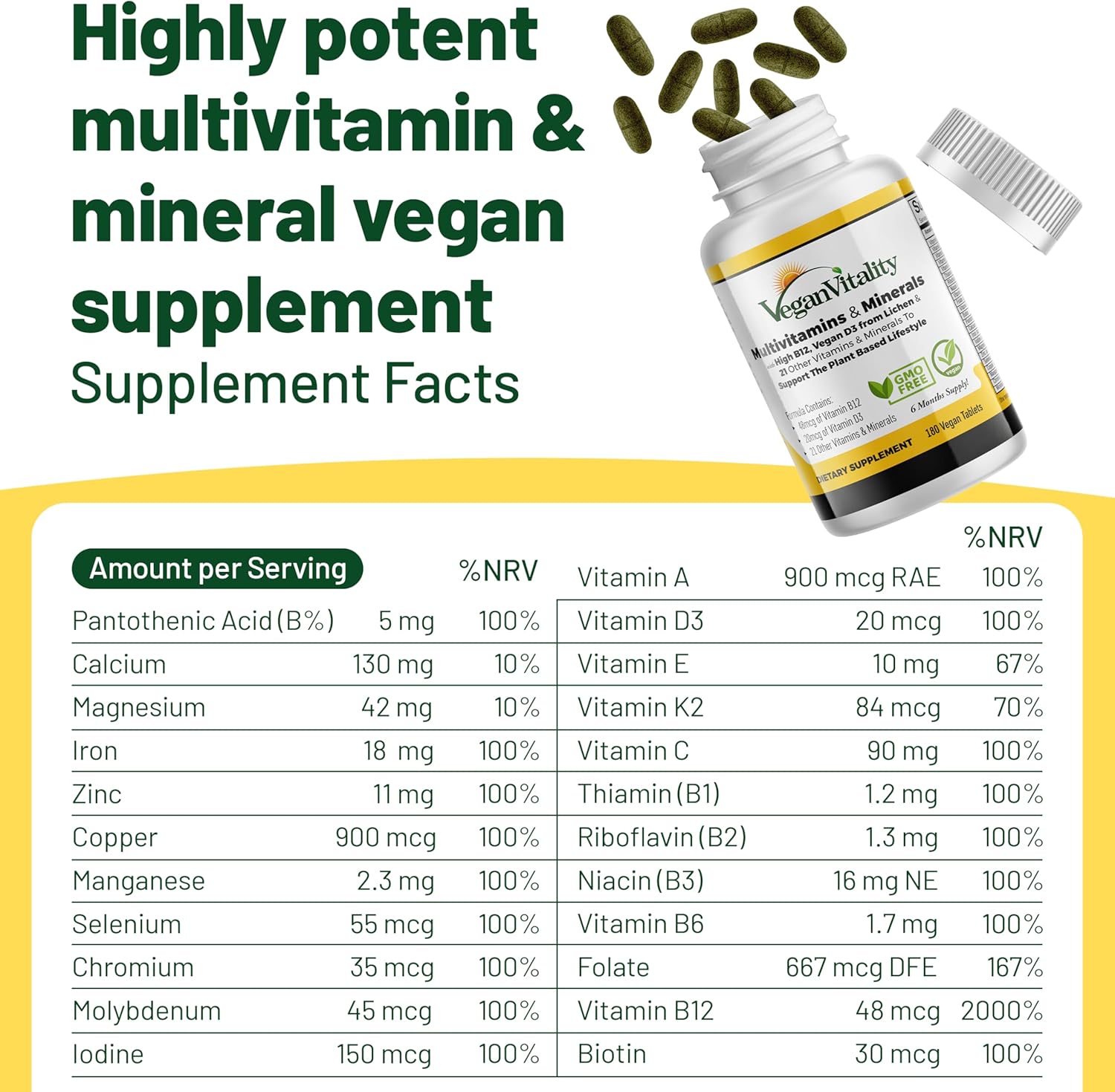 Multivitamínico Vegano para Mujeres y Hombres con Vitamina B12, D3 y K2 - 180 Comprimidos - 6 Meses de Suministro