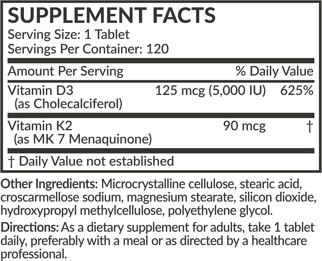 Futurebiotics Vitamina K2 con D3, 2 en 1, 5000 UI Vitamina D3 y 90 mcg Vitamina K2 MK-7, 120 Comprimidos