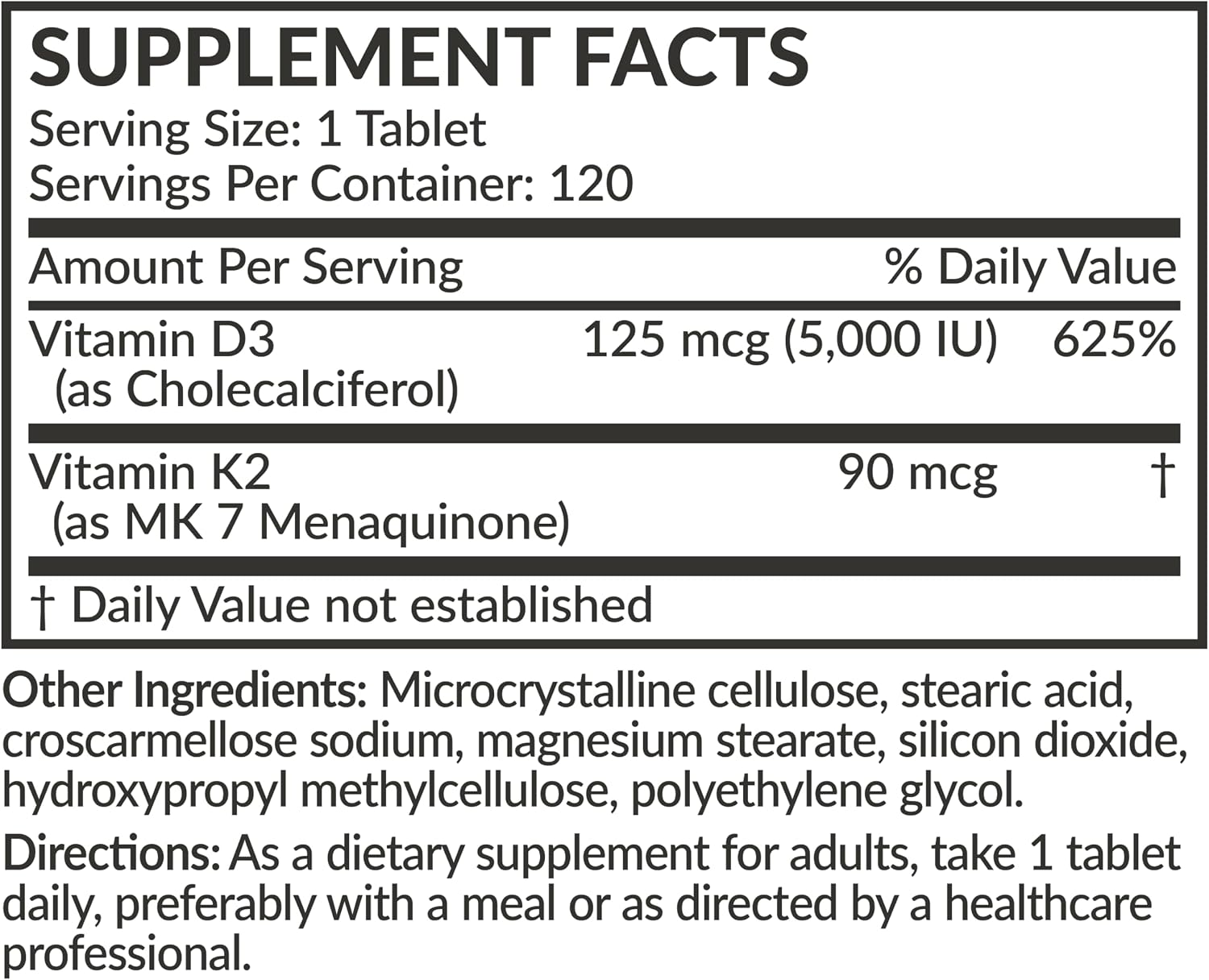 Futurebiotics Vitamina K2 con D3, 2 en 1, 5000 UI Vitamina D3 y 90 mcg Vitamina K2 MK-7, 120 Comprimidos