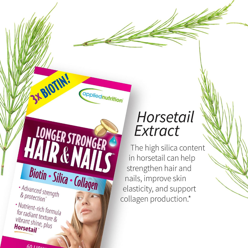 Applied Nutrition Longer Stronger Hair & Nails - Biotina, Sílice y Colágeno - 180 Cápsulas Blandas (Pack de 3)