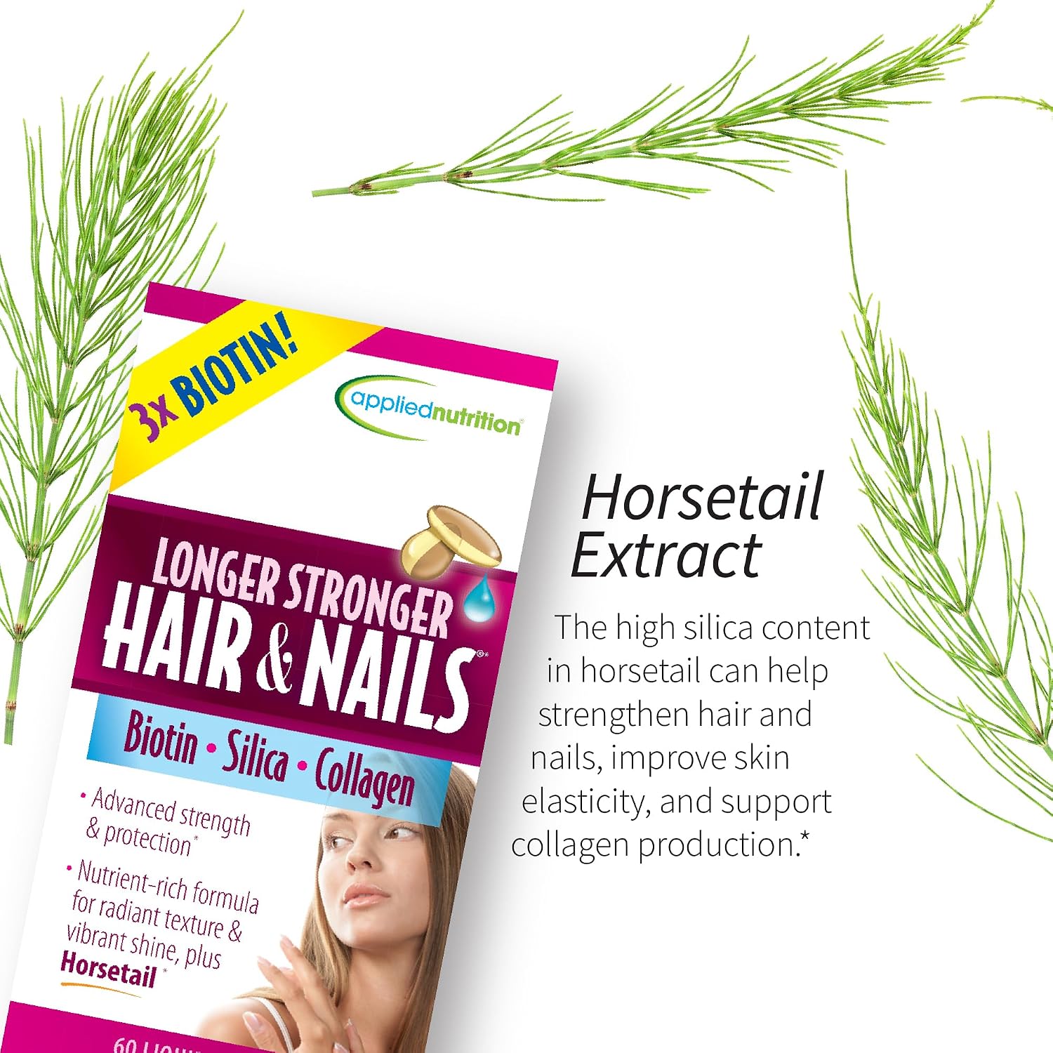 Applied Nutrition Longer Stronger Hair & Nails - Biotina, Sílice y Colágeno - 180 Cápsulas Blandas (Pack de 3)