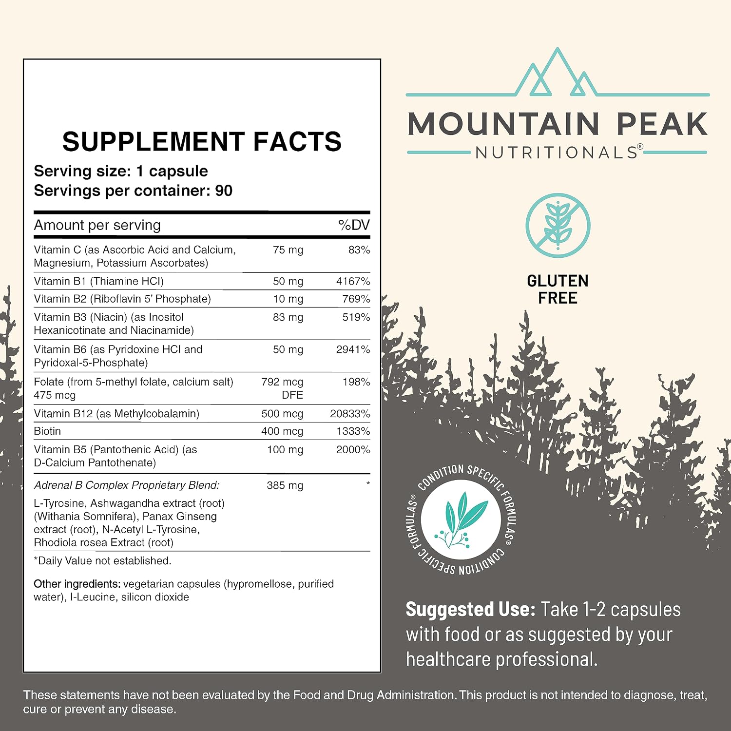 Mountain Peak Adrenal B Complex — Apoyo para el Cortisol con Ashwagandha, Vitaminas B6, B12 y C — Suplemento para el Sistema Endocrino y Nervioso (90 Cápsulas Vegetales)