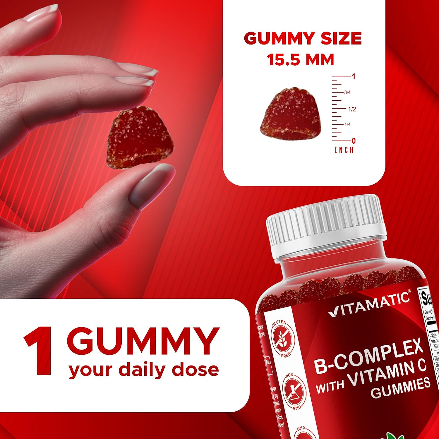 Vitamatic Complejo B en Gominolas con Vitamina C e Inositol - Sabor Natural Fresa - 60 Gominolas